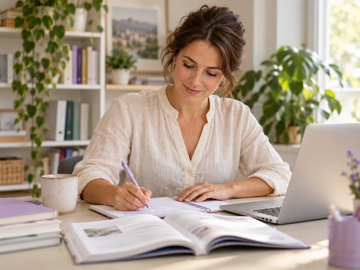 Eine Lehrkraft bereitet am Schreibtisch mit Lehrbuch, Notizbuch und Laptop ihren Unterricht vor.